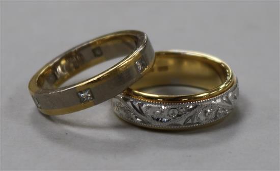 A two colour 18ct gold bright cut engraved wedding band and a similar ring with six gypsy set princess cut diamonds.